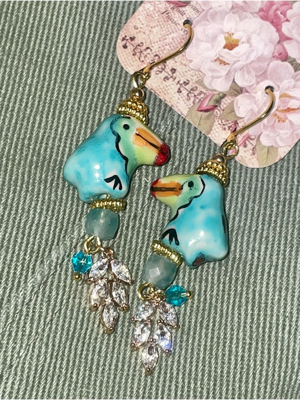 Hand Crafted Toucan Sam Glam Parrot Drop Earrings with Cubic Zirconia Accents